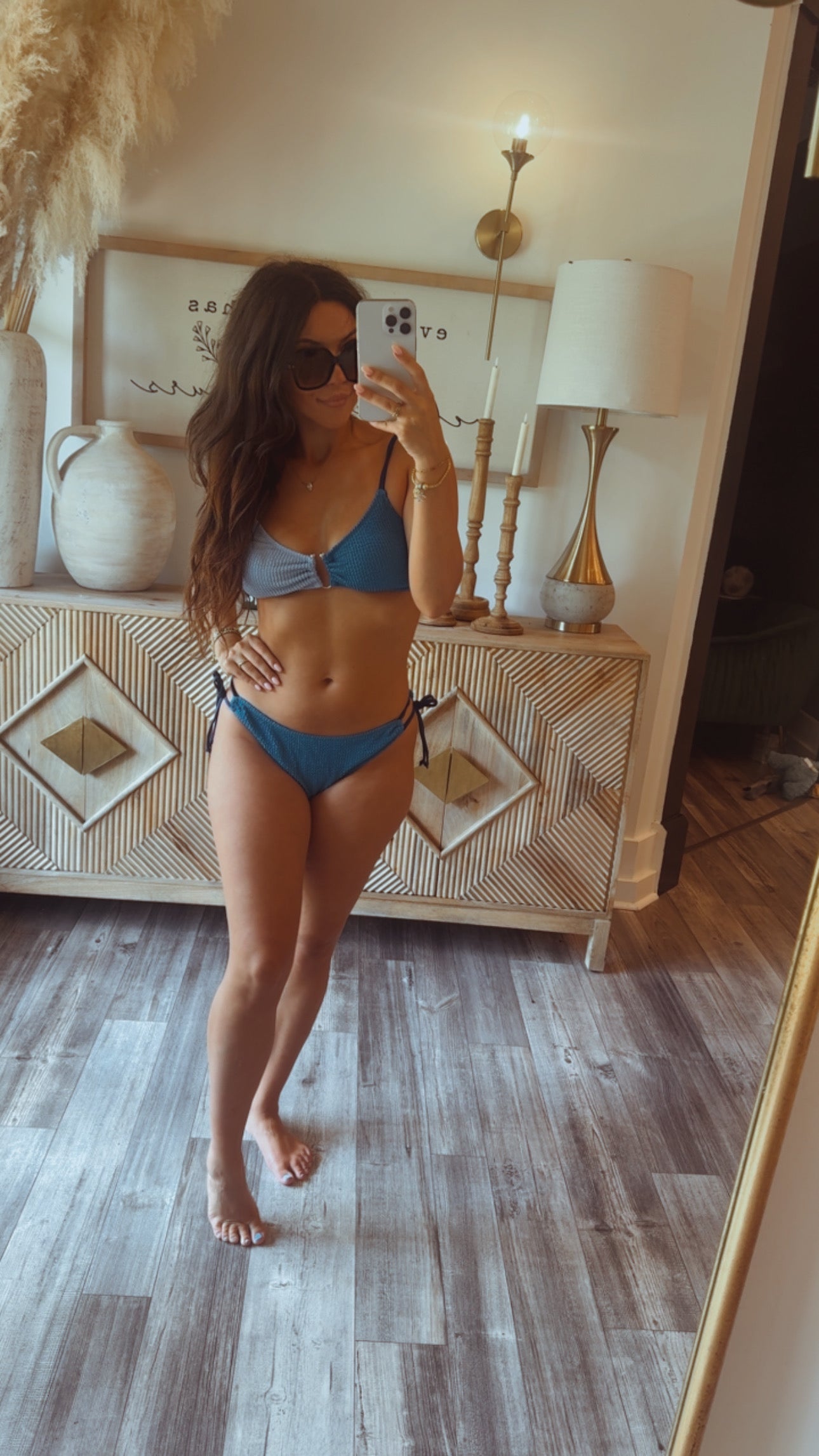 Blue Textured High Waist Two Piece Bikini