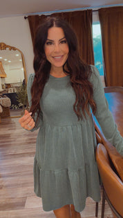 Everyday Sage Green Ribbed Long Sleeve Dress
