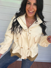 Cream And Olive Gold Button Zip Up Jacket