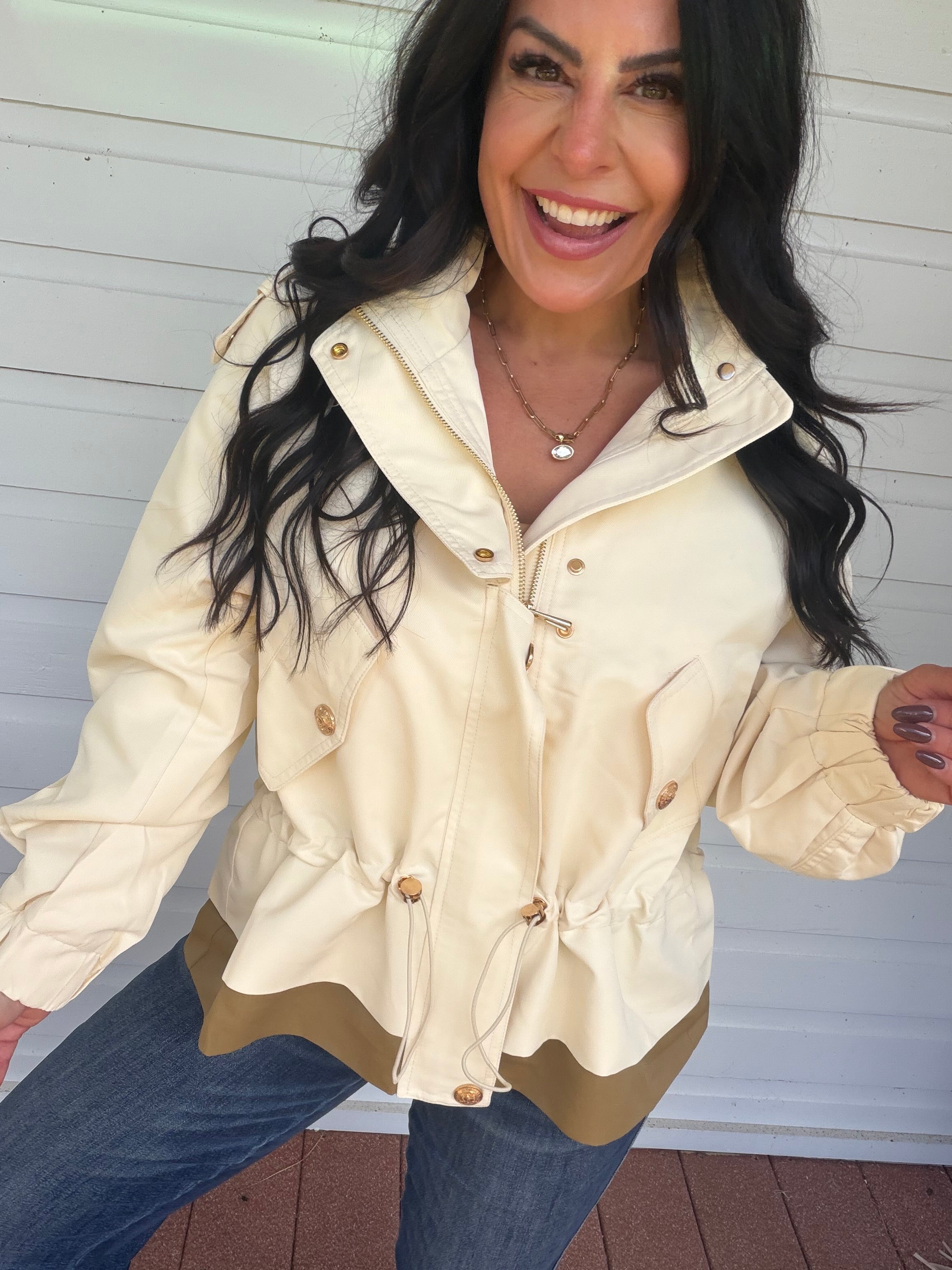 Cream And Olive Gold Button Zip Up Jacket