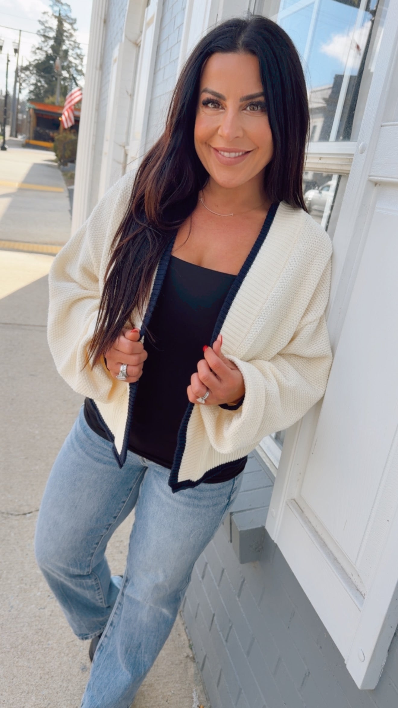 Ivory and Navy Cream Knit Cardigan