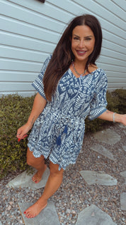 Chic Blue and White Floral Romper
