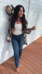 Chic Plush Brown White and Black Plaid Shacket