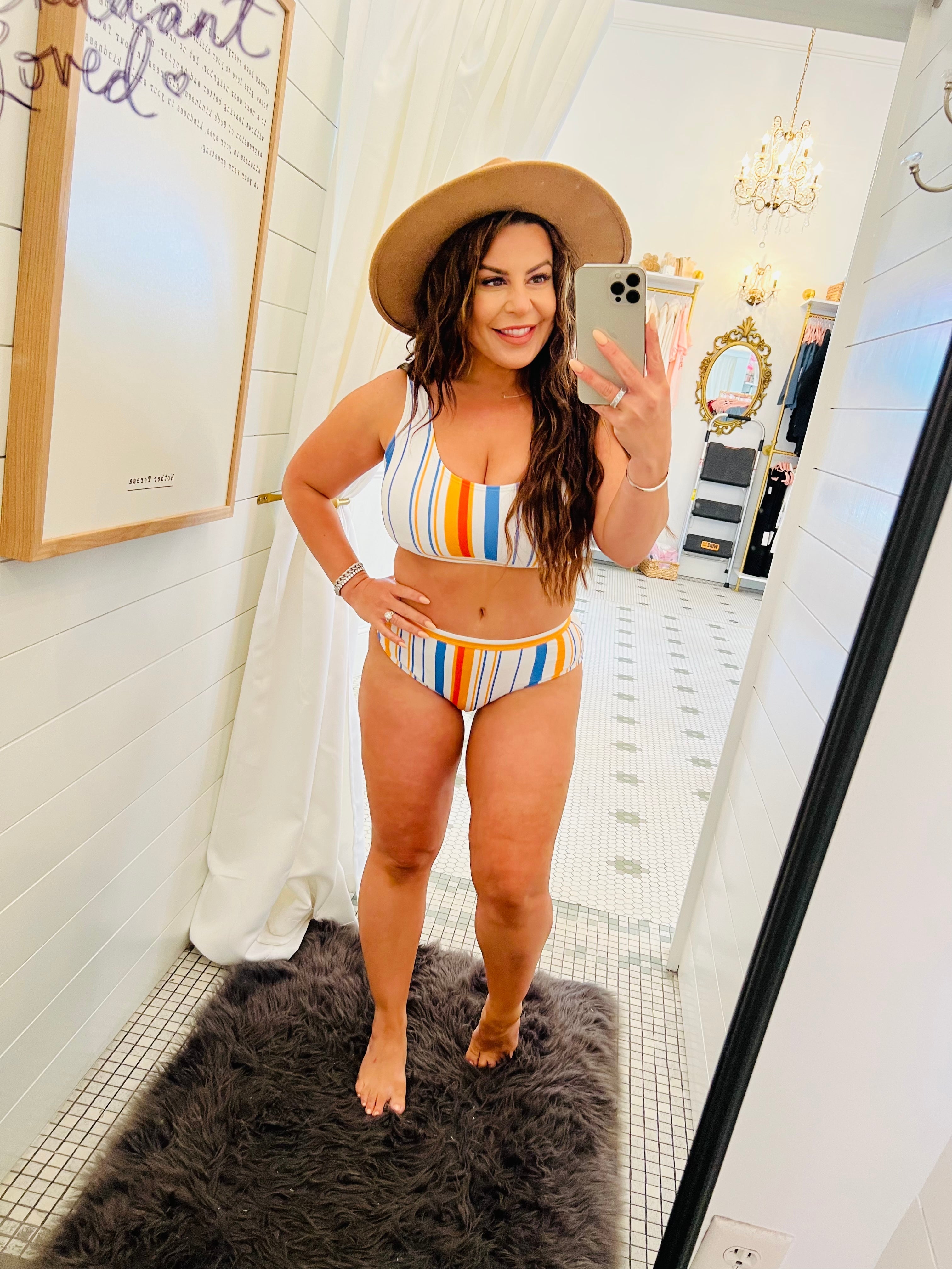 Multi Color White Blue and Orange Stripe 2 Piece Bathing Suit