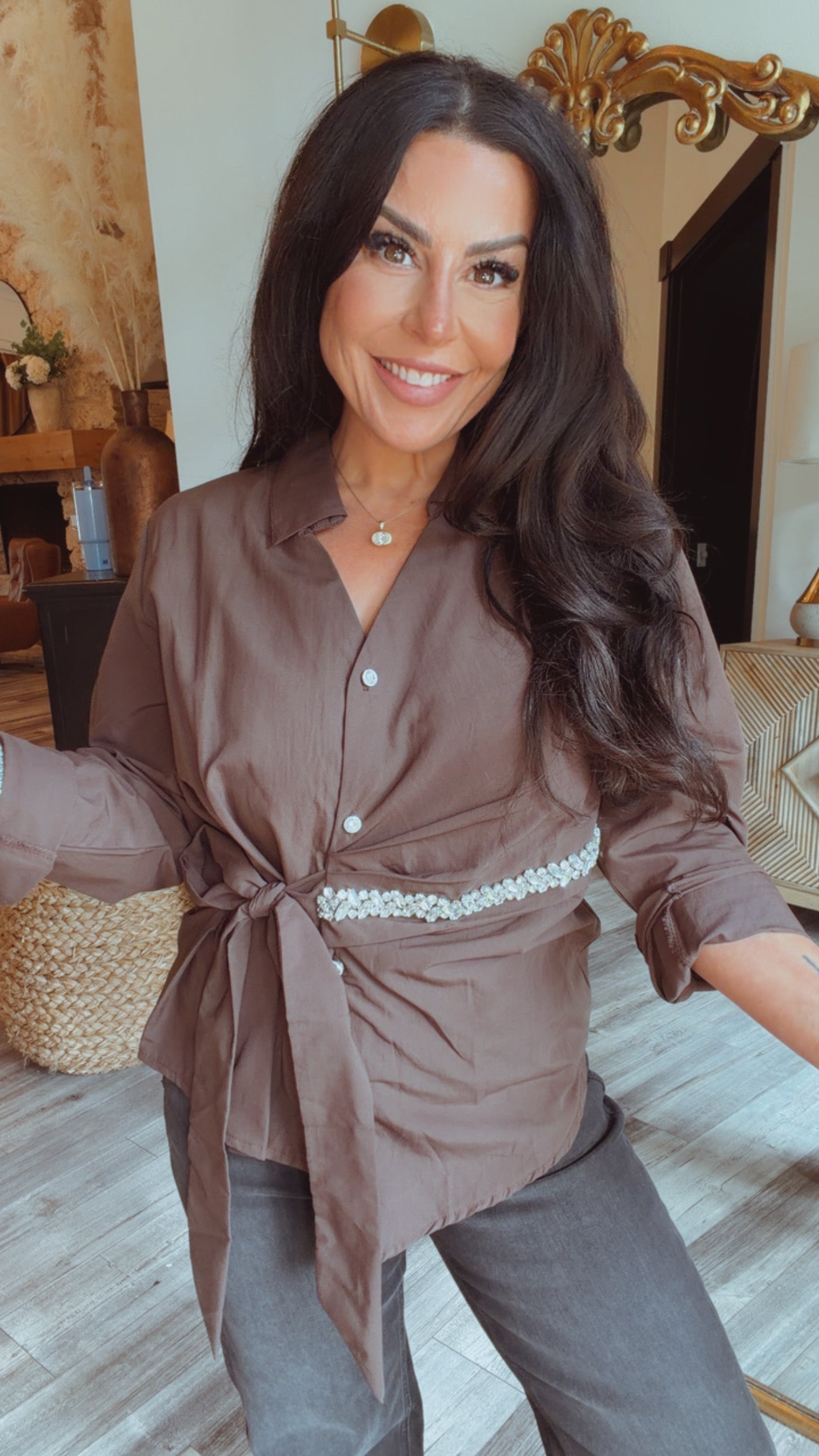 Brown Button Up Diva Sparkle Blouse