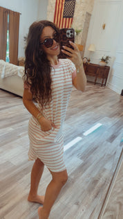 Cream and Pink Chic Loose Fit Striped Dress