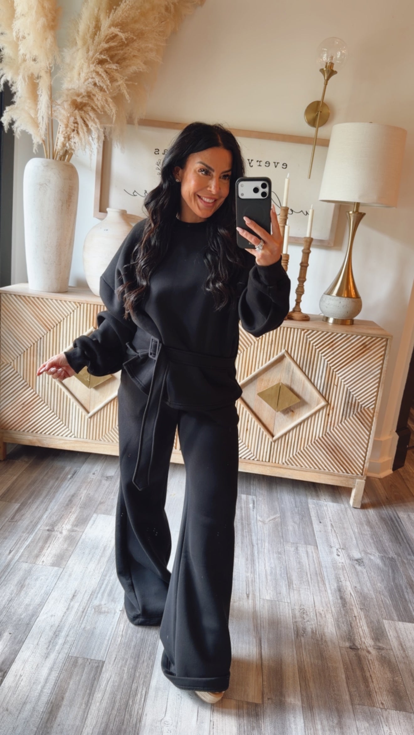 Luxe Black Long Sleeve Belted Sweater and Joggers Set