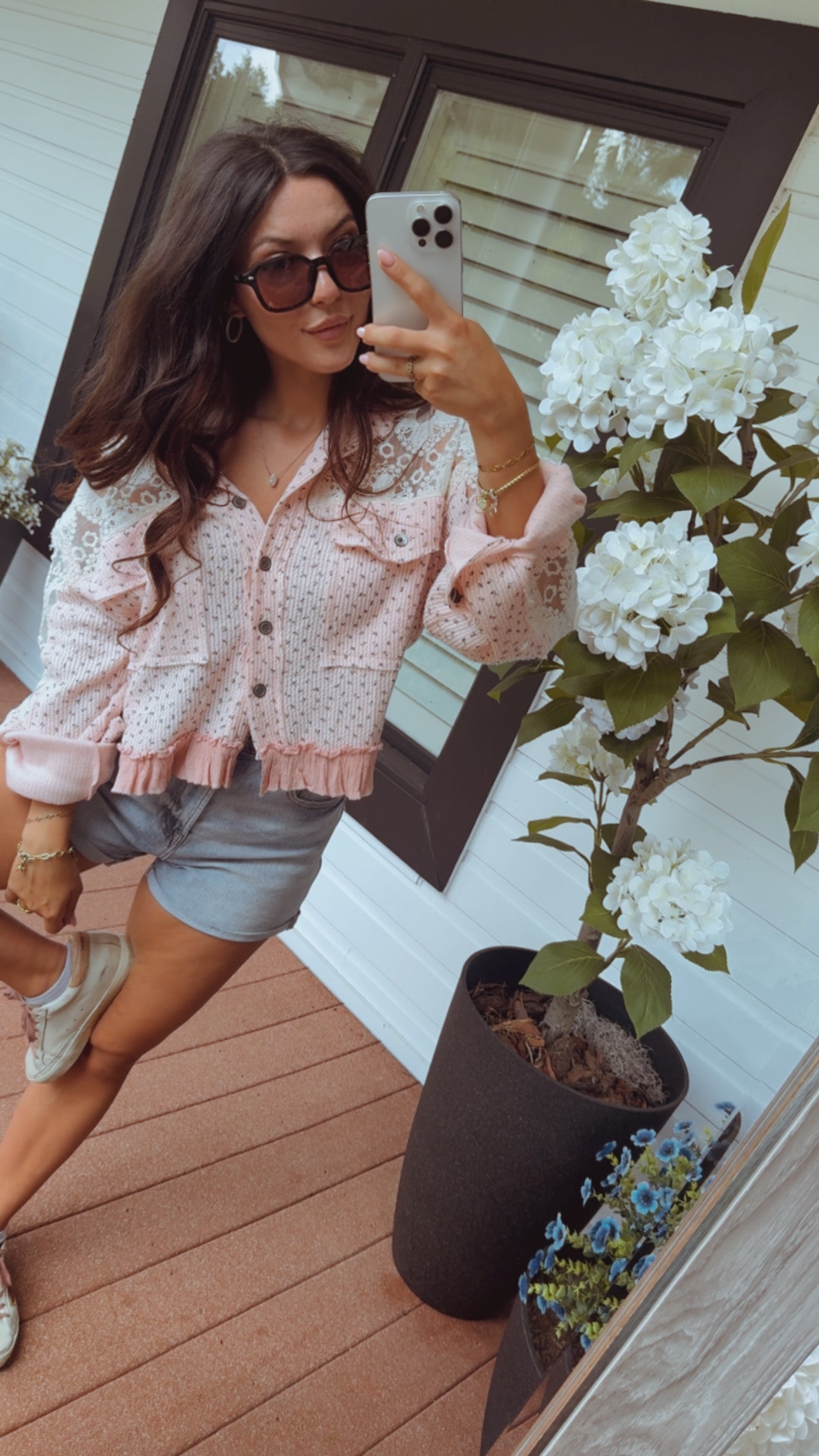 Pol Loose Fit Pink Floral Lace Sleeve Lightweight Jacket