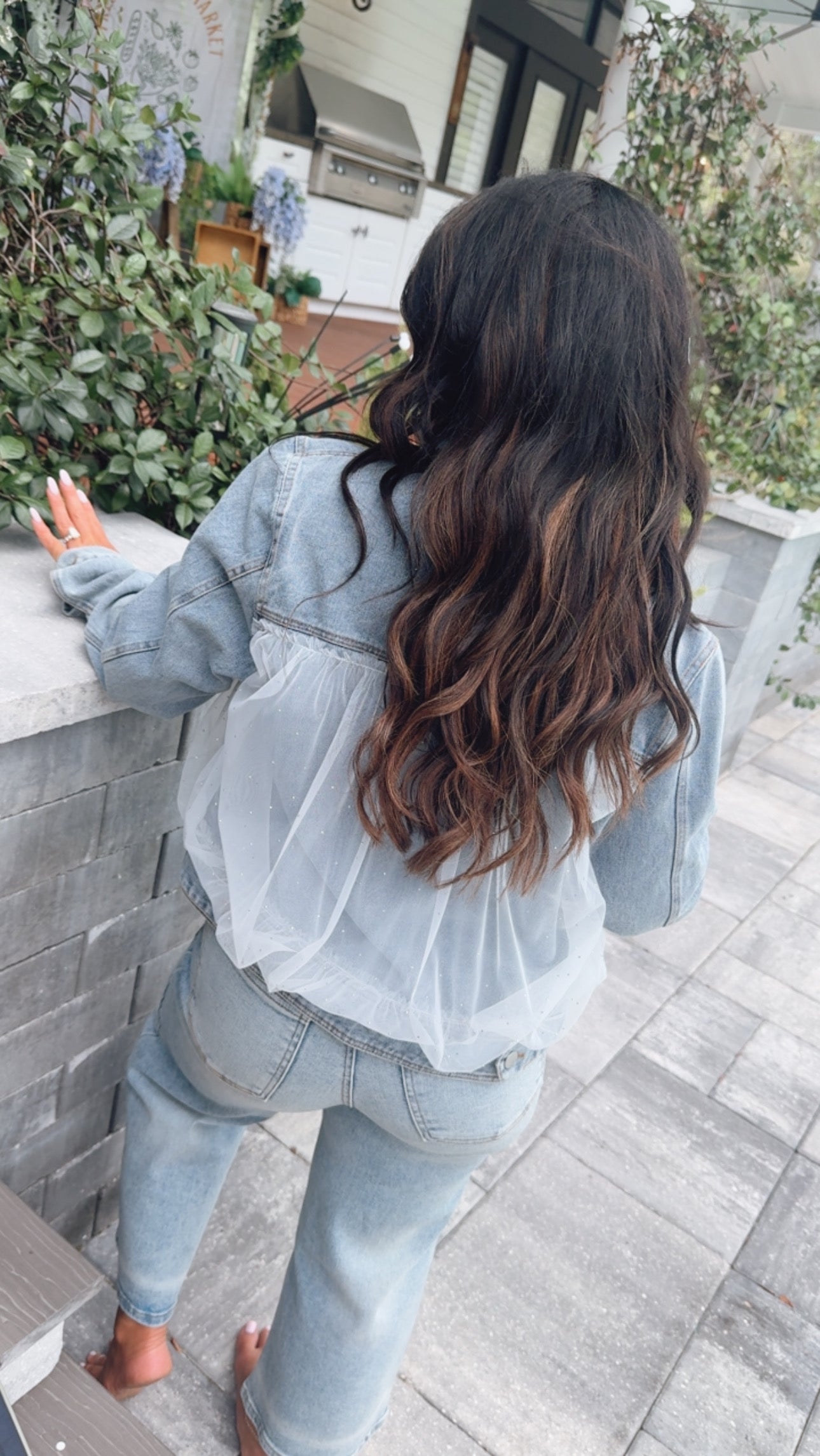 Denim And White Mesh Studded Jacket