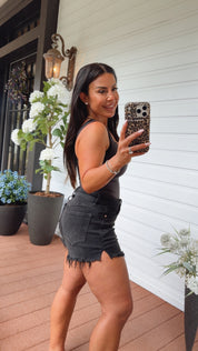 Mica Denim Black Fray Hem High Rise Shorts