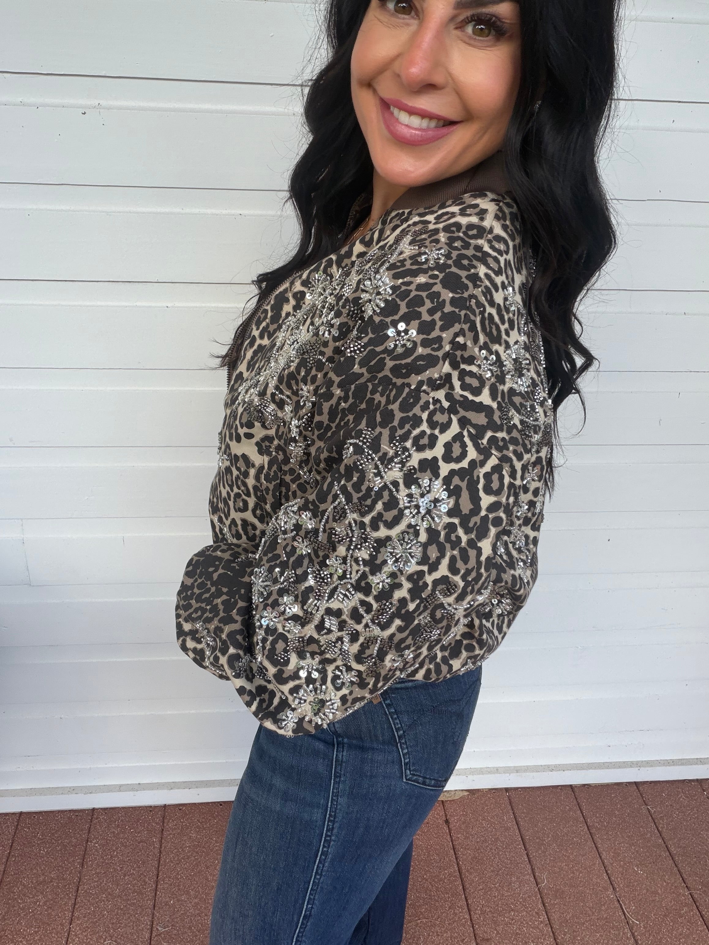 Wildly Glam Silver Embellished Cheetah Zip-Up Jacket