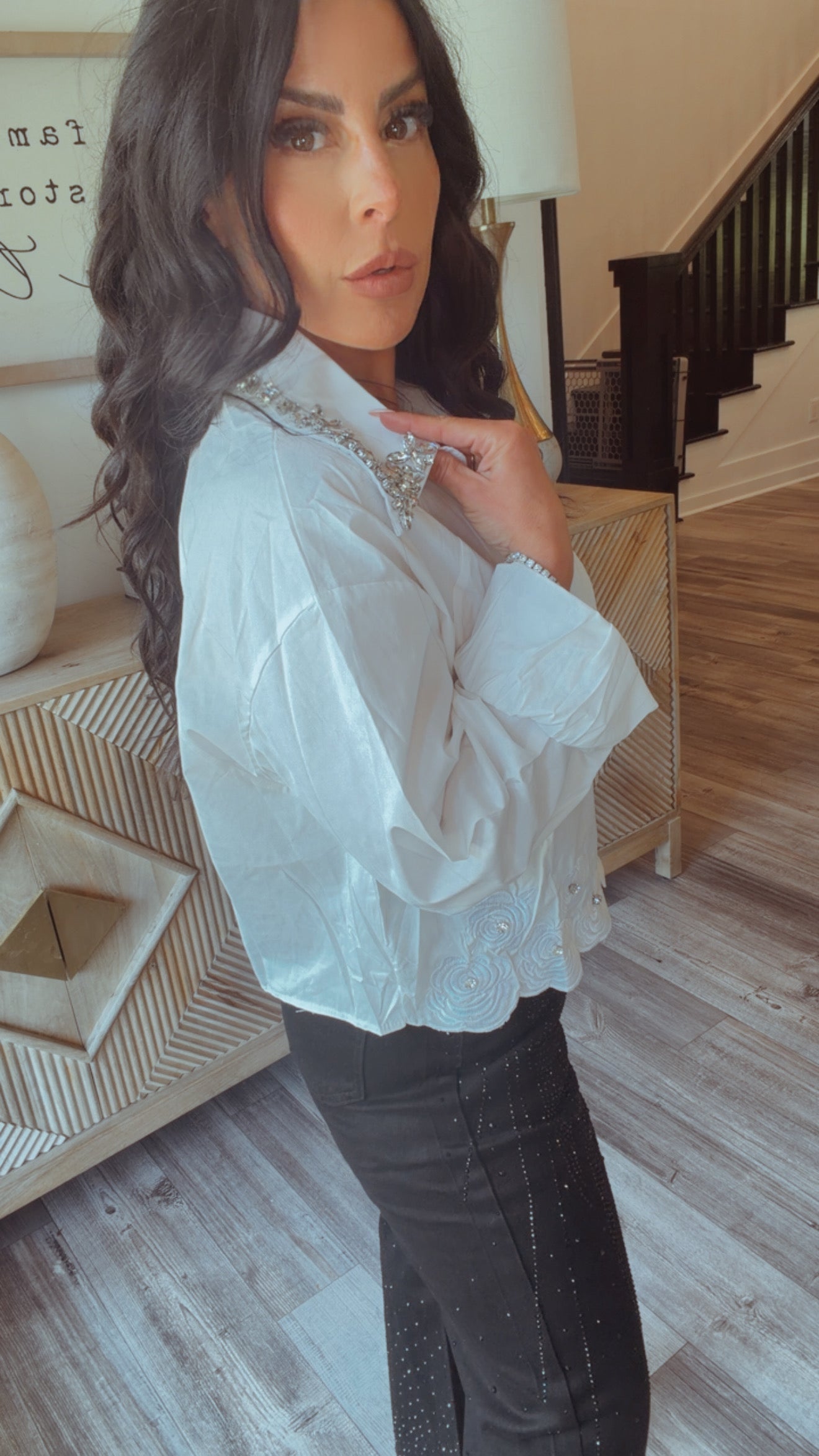 “MY PICK” Diva Crystal and Pearl Embelsshed Button Up Blouse
