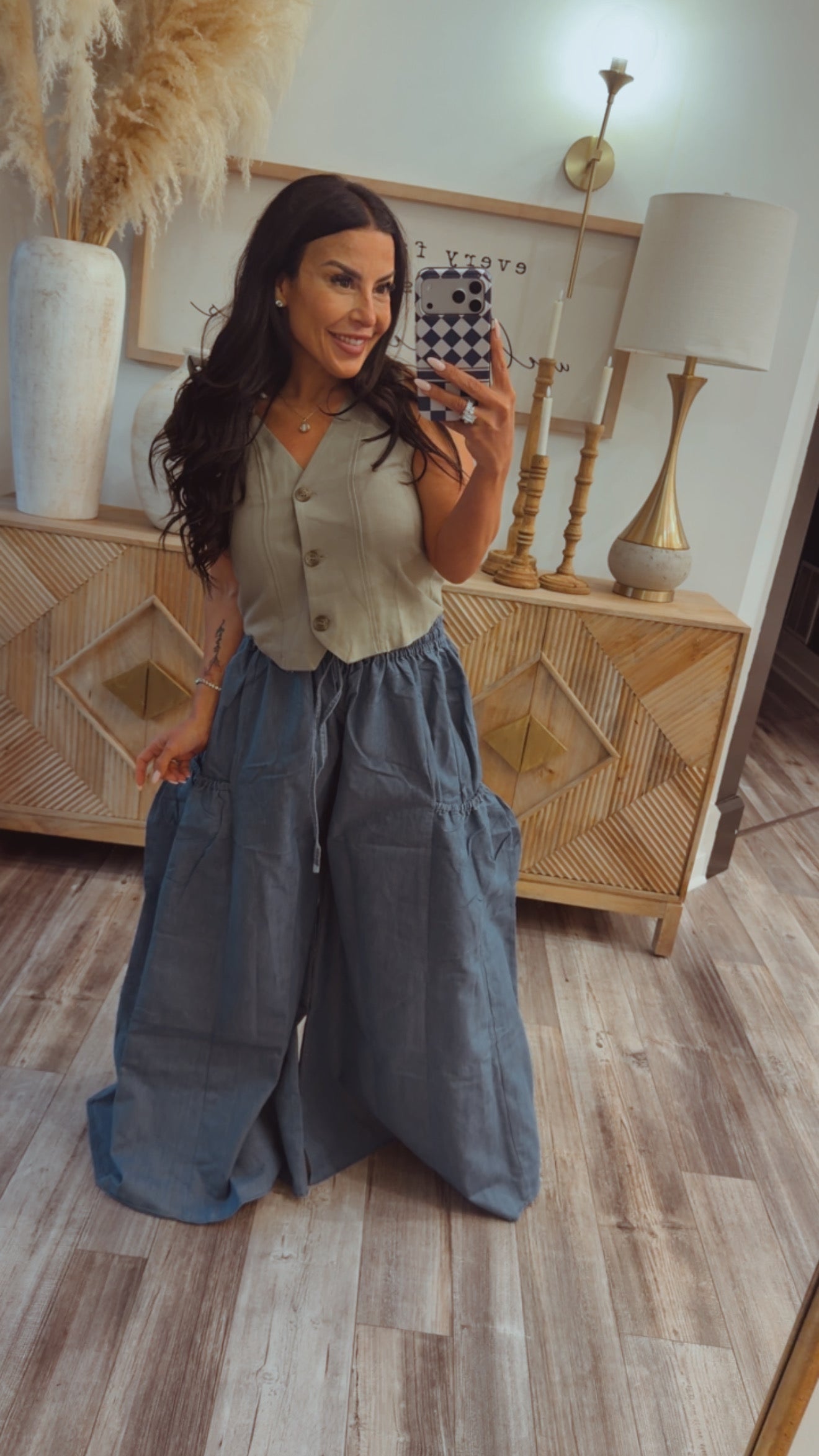 Light Wash Denim Flare Drawstring Pants