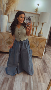 Light Wash Denim Flare Drawstring Pants