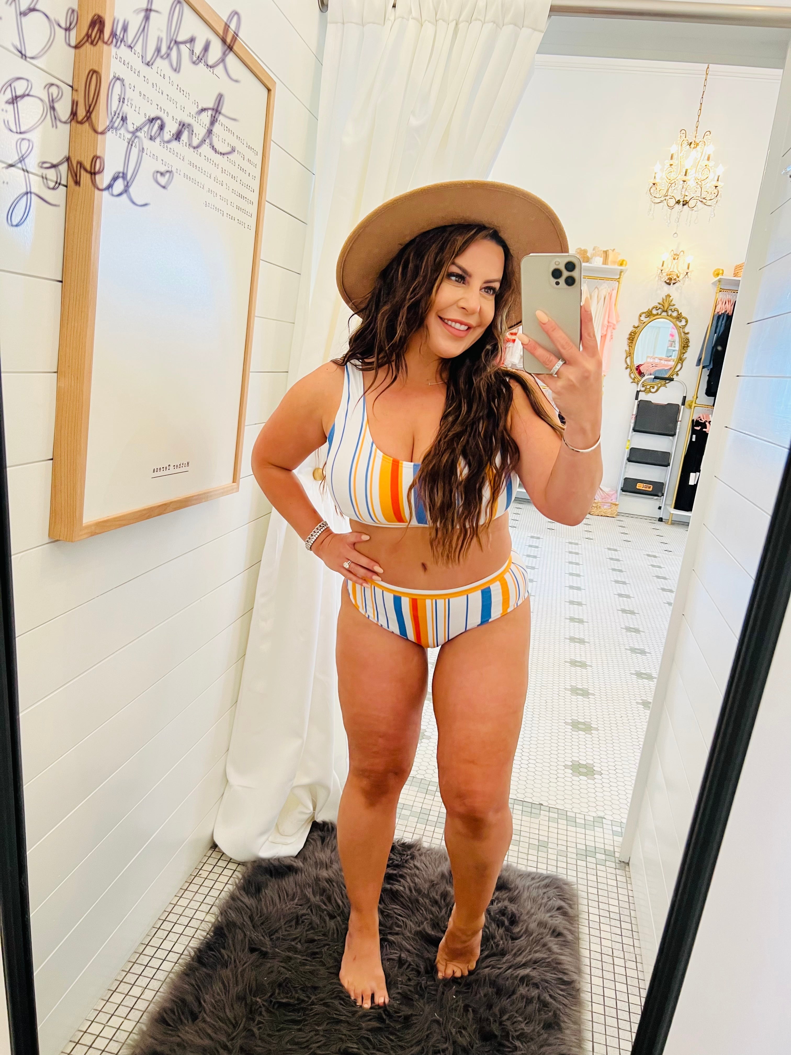 Multi Color White Blue and Orange Stripe 2 Piece Bathing Suit