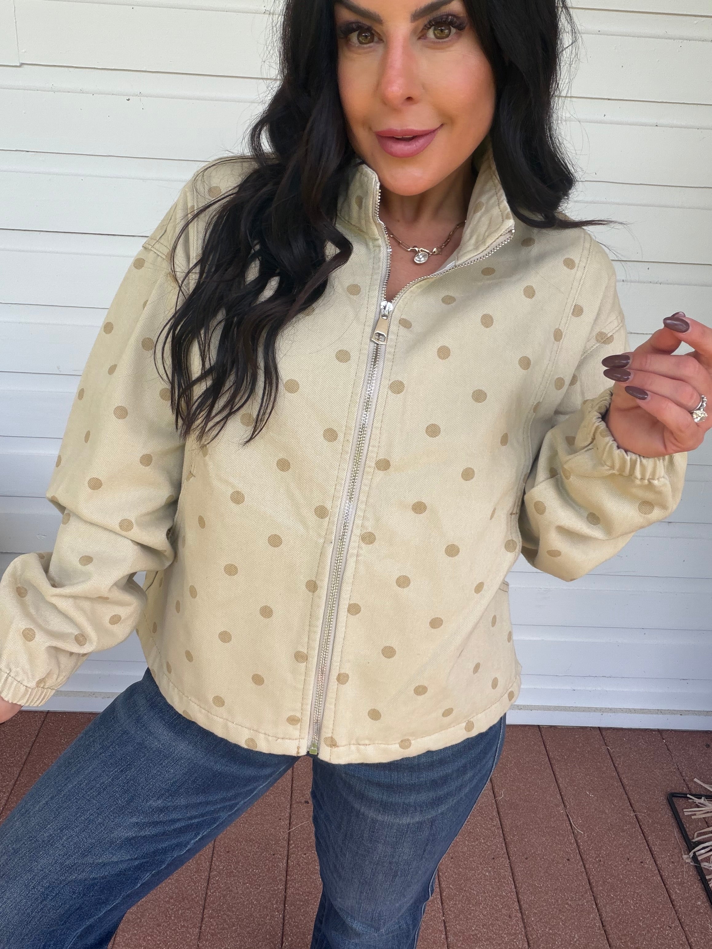 Taupe Dot Denim Zip Up Jacket