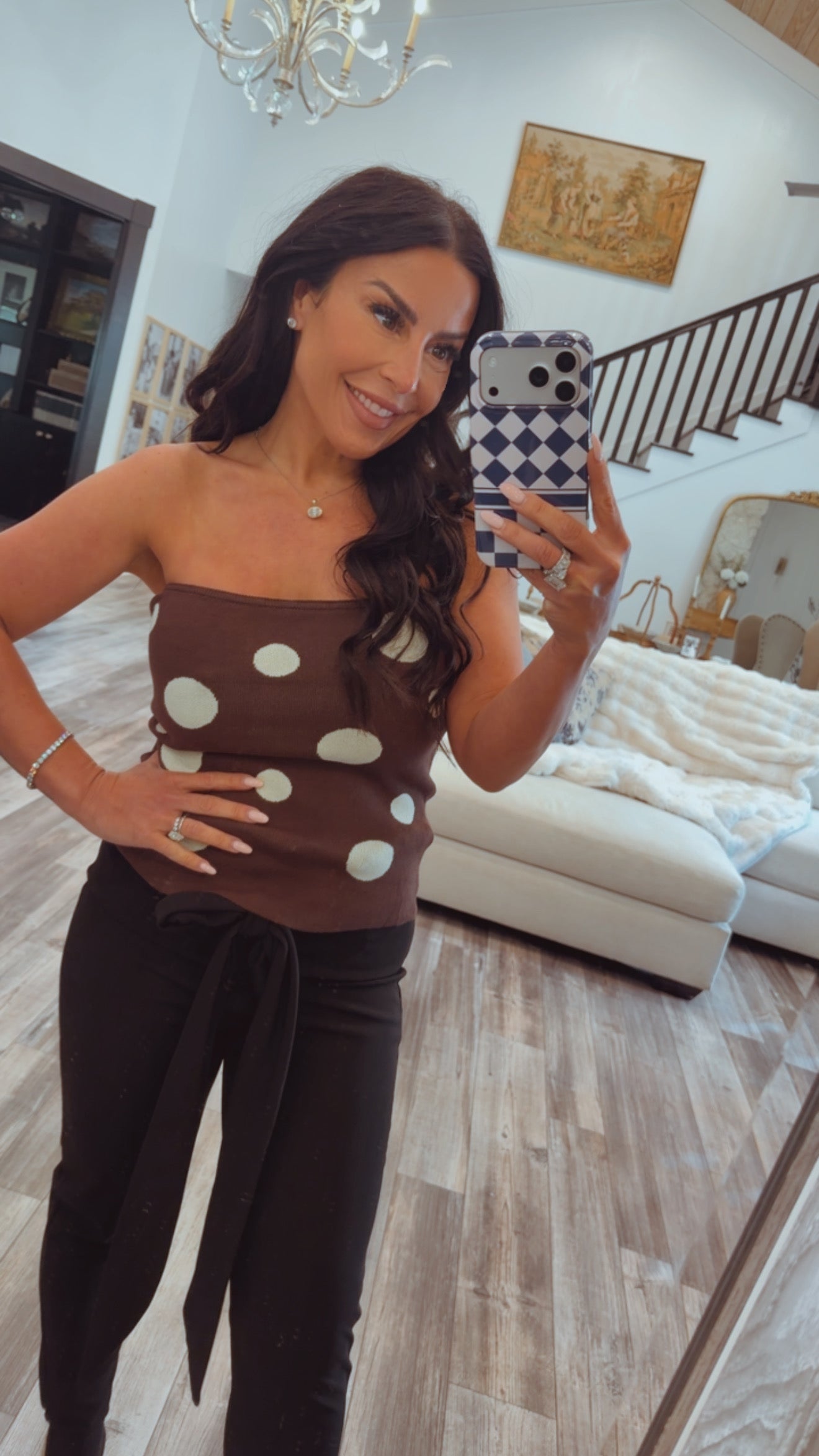 Brown and White Dot Knit Strapless Top