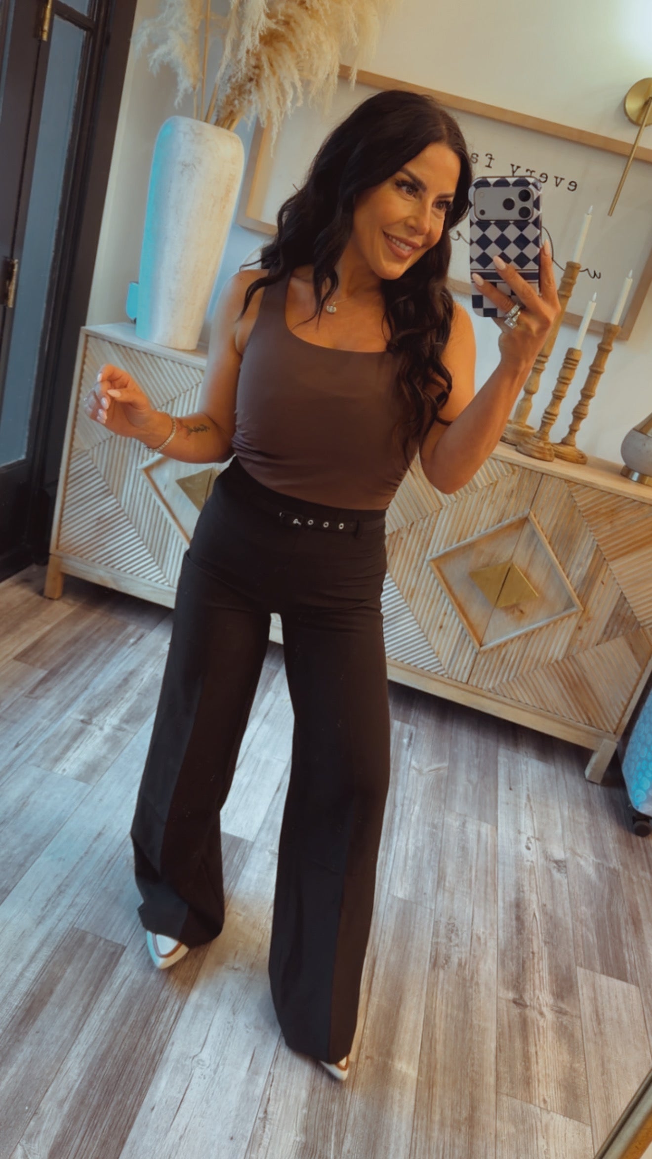 Brown Grey Square Neck Sleeveless Top