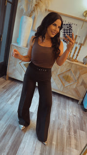 Brown Grey Square Neck Sleeveless Top