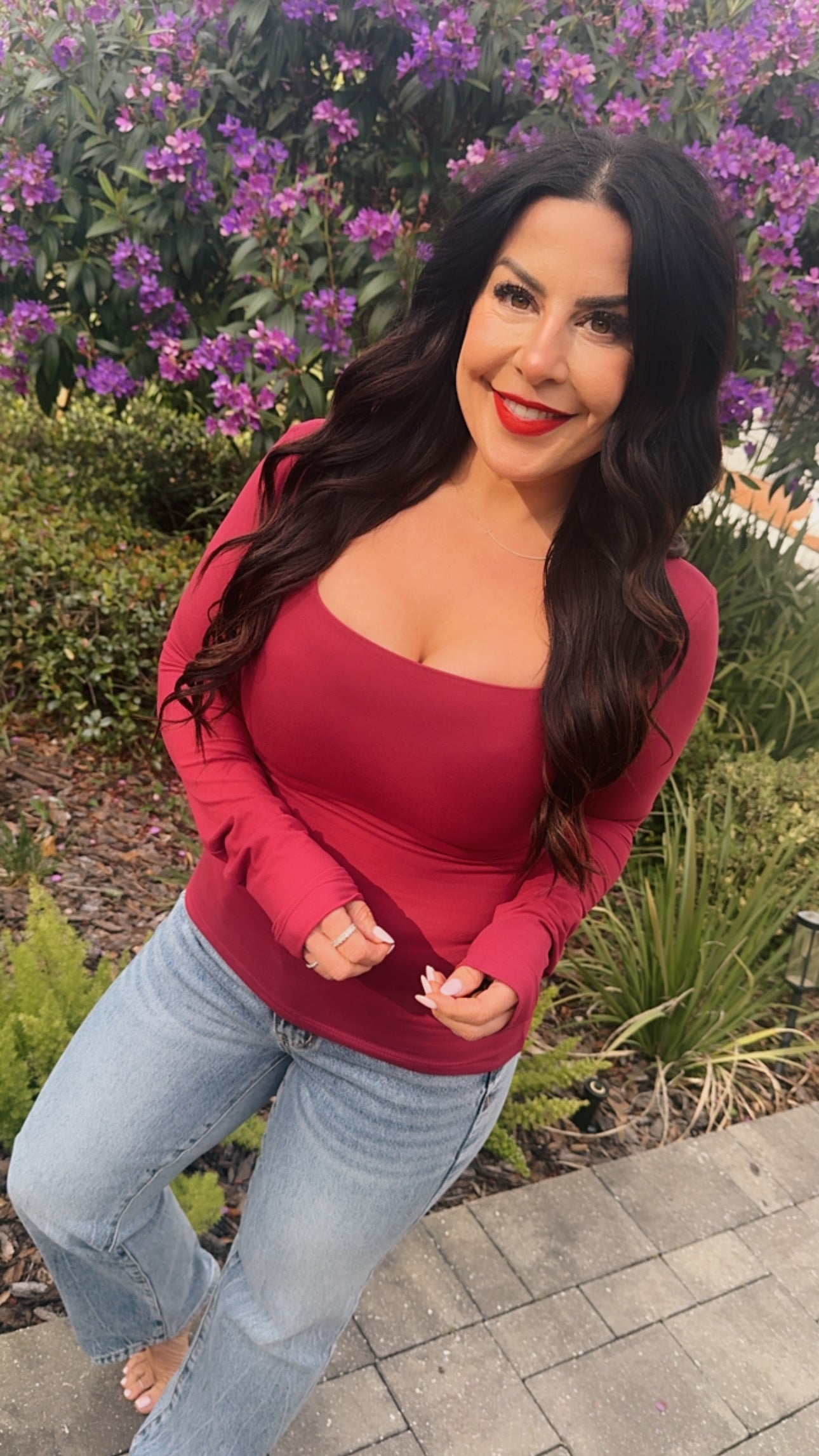 Pomegranate Cozy Square Neck Long Sleeve Top