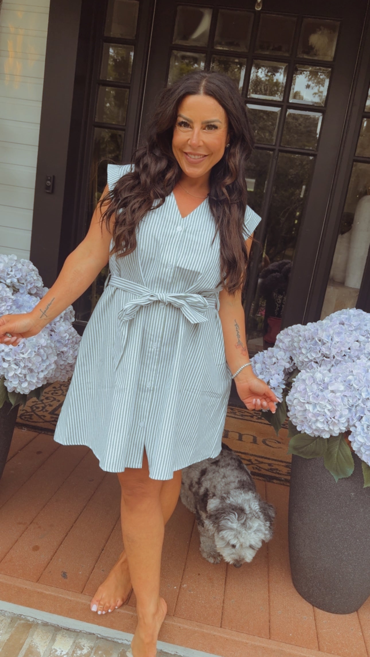 Green and White Pin Striped Button Up Dress
