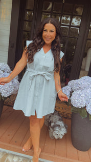 Green and White Pin Striped Button Up Dress