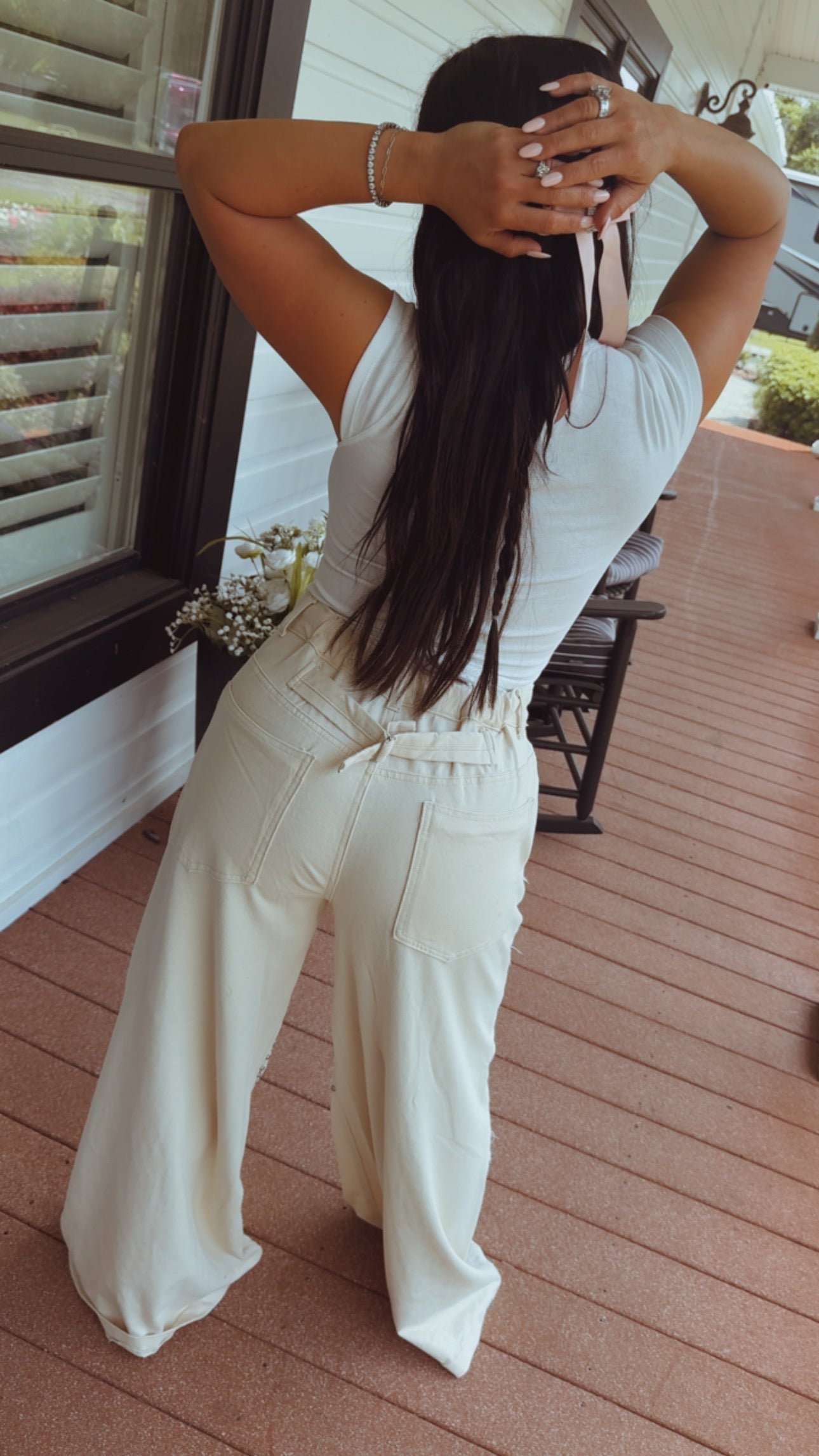 Chic POL Natural and Striped Denim And Lace Pants