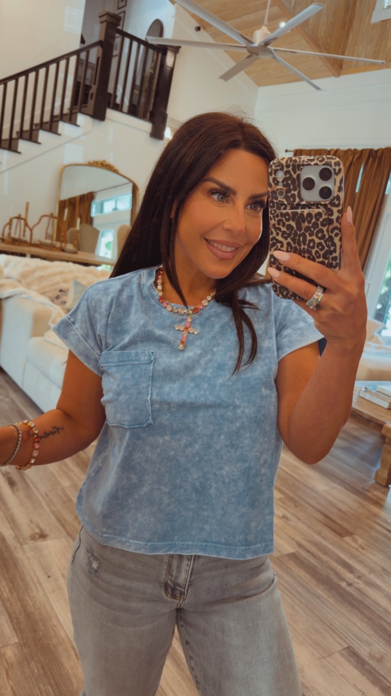 Sky Blue Cropped Acid Wash Top