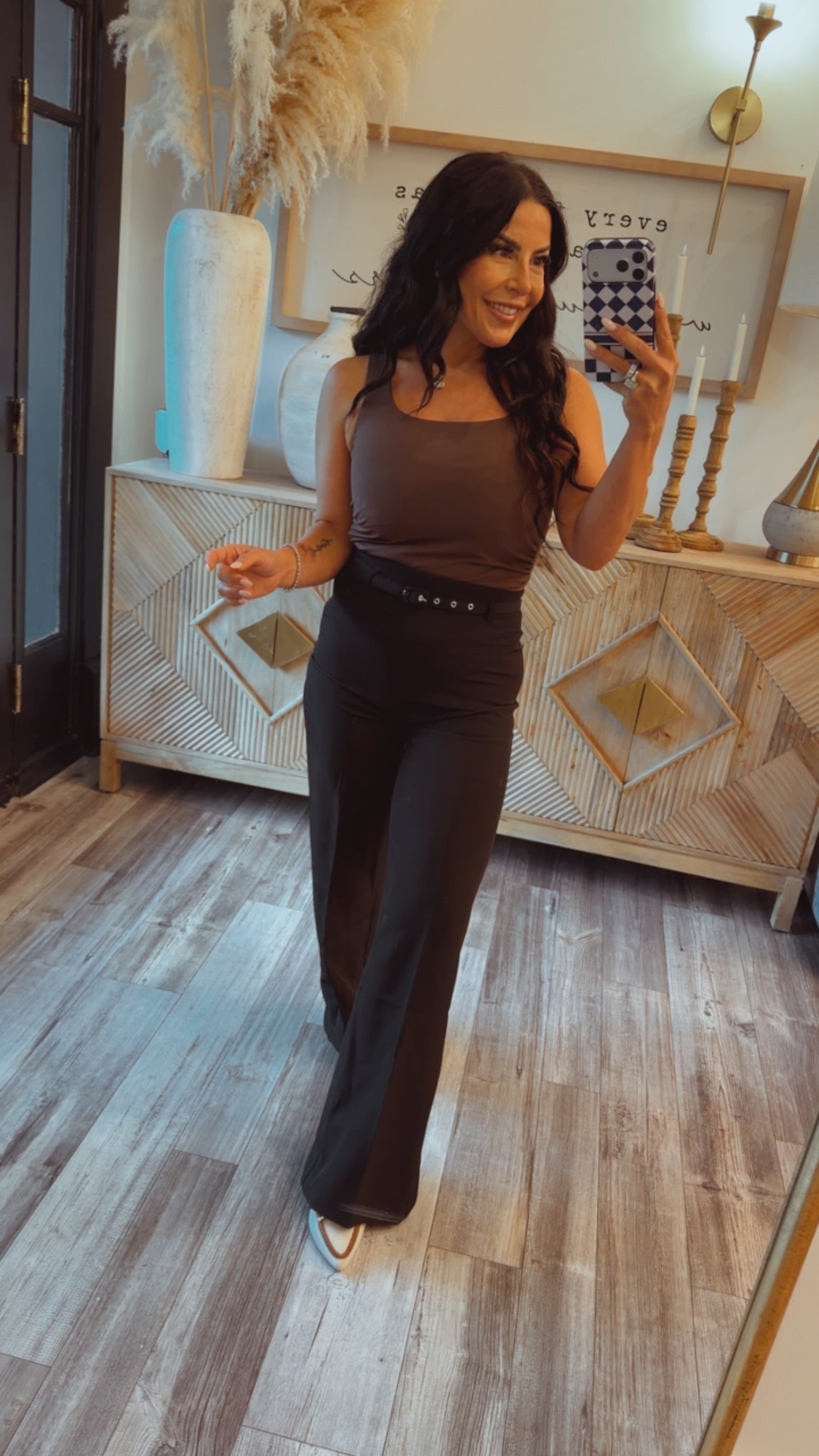 Brown Grey Square Neck Sleeveless Top