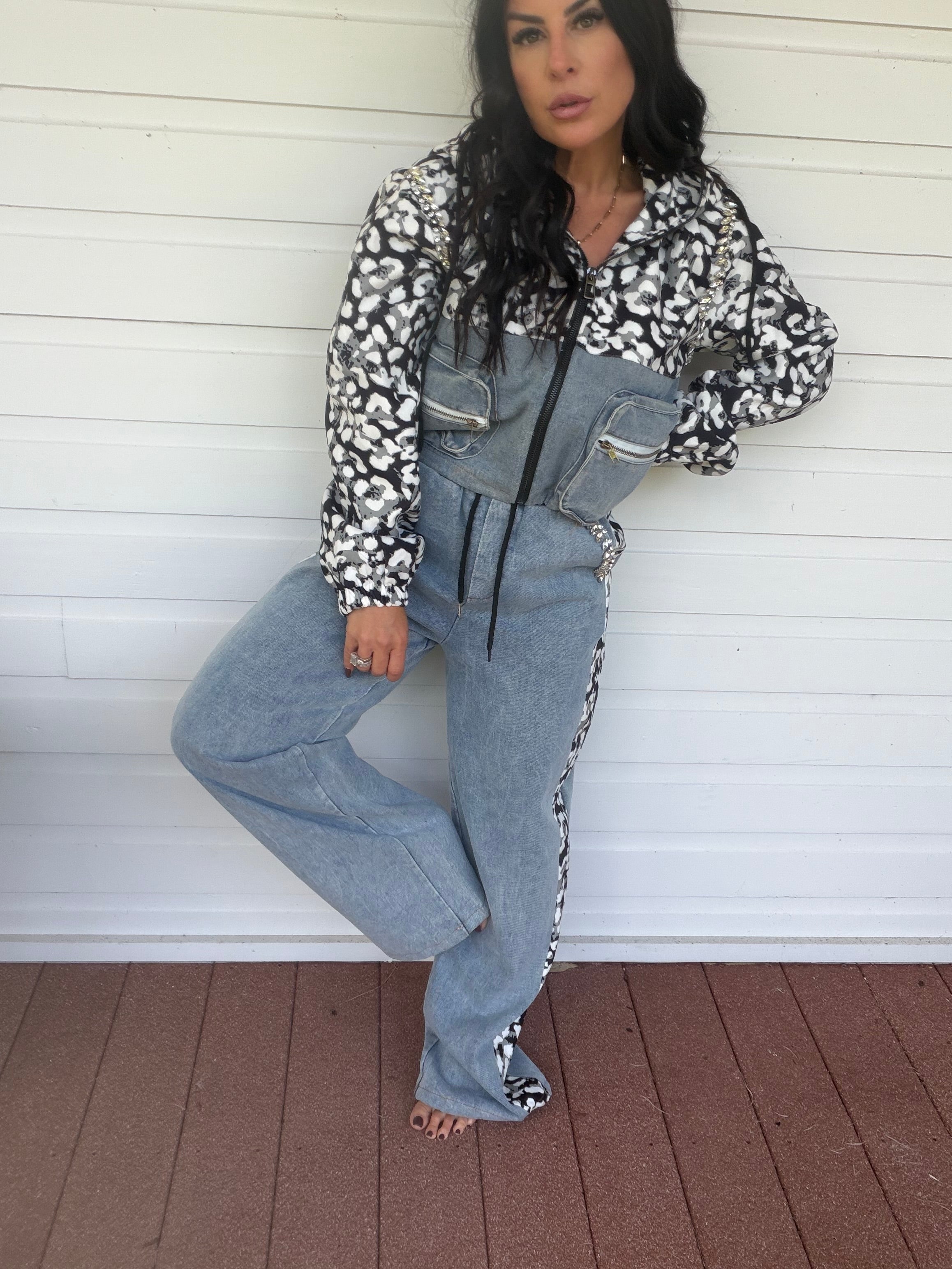 Denim And Cheetah Diva Sparkle Two Piece Set
