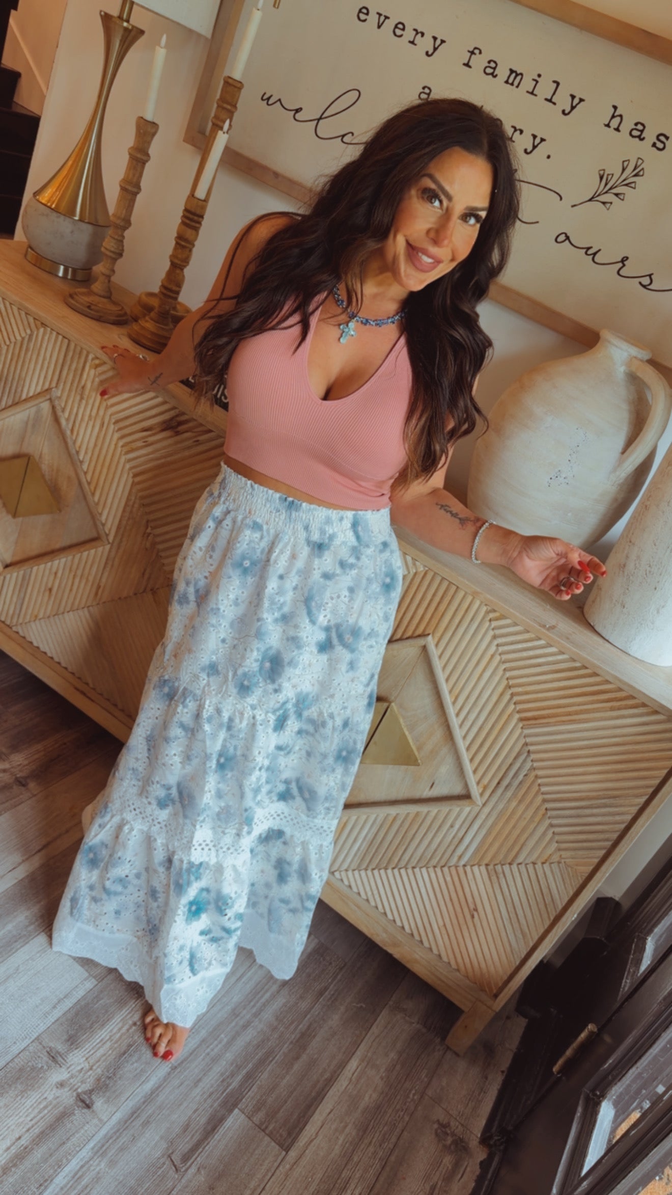 Chic White and Blue Floral Eyelet Lace Skirt