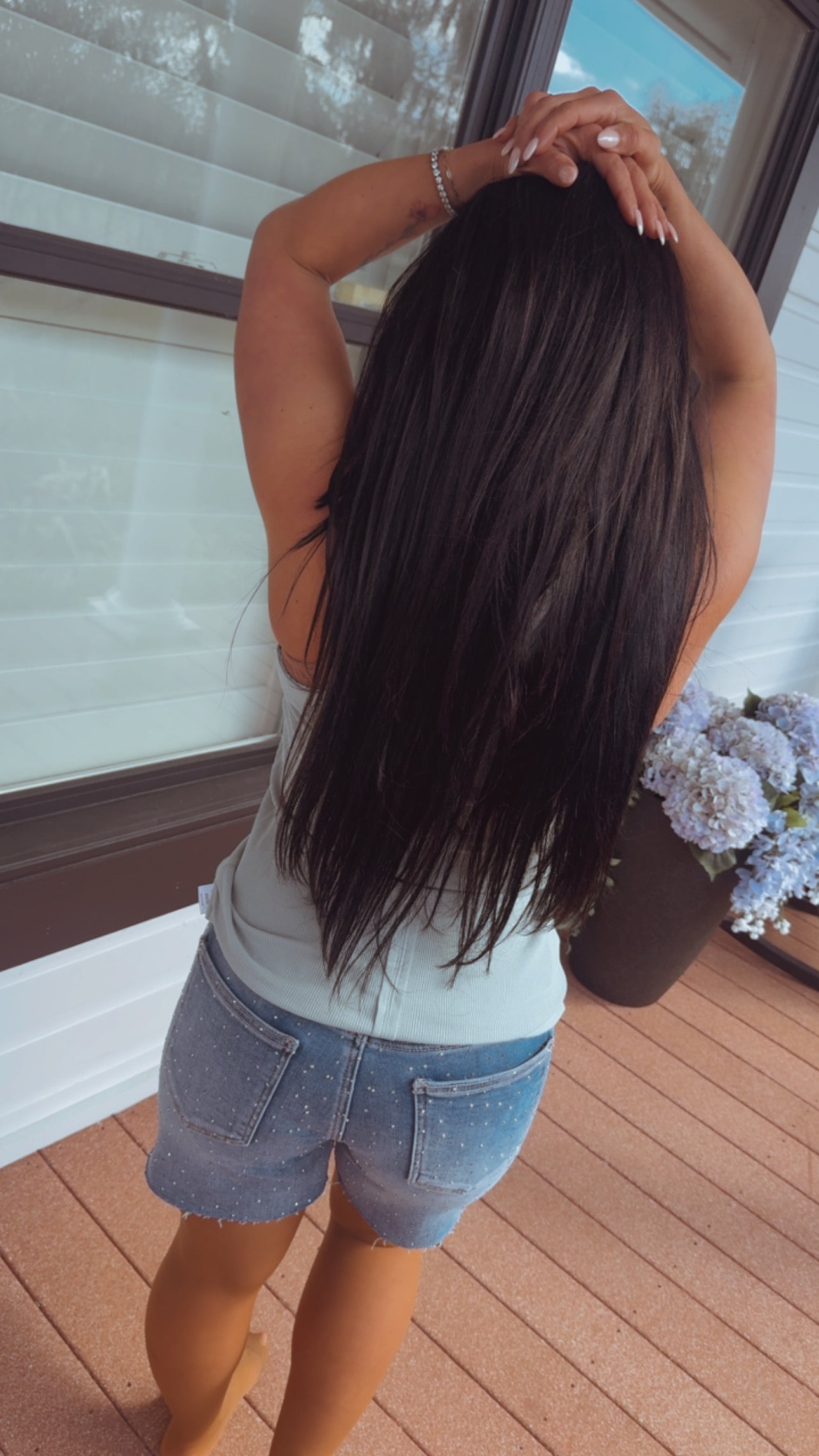 Medium Wash Rhinestone Embellished Risen Jean Shorts