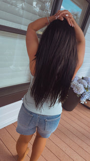 Medium Wash Rhinestone Embellished Risen Jean Shorts