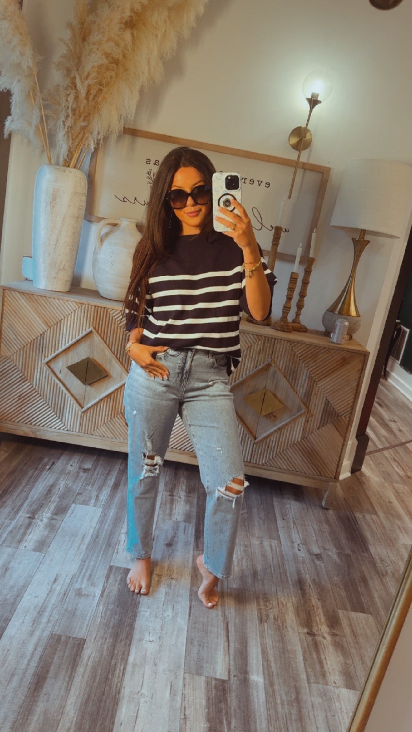 Navy and White Striped Knit Top