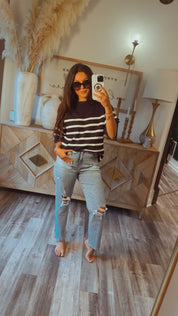 Navy and White Striped Knit Top