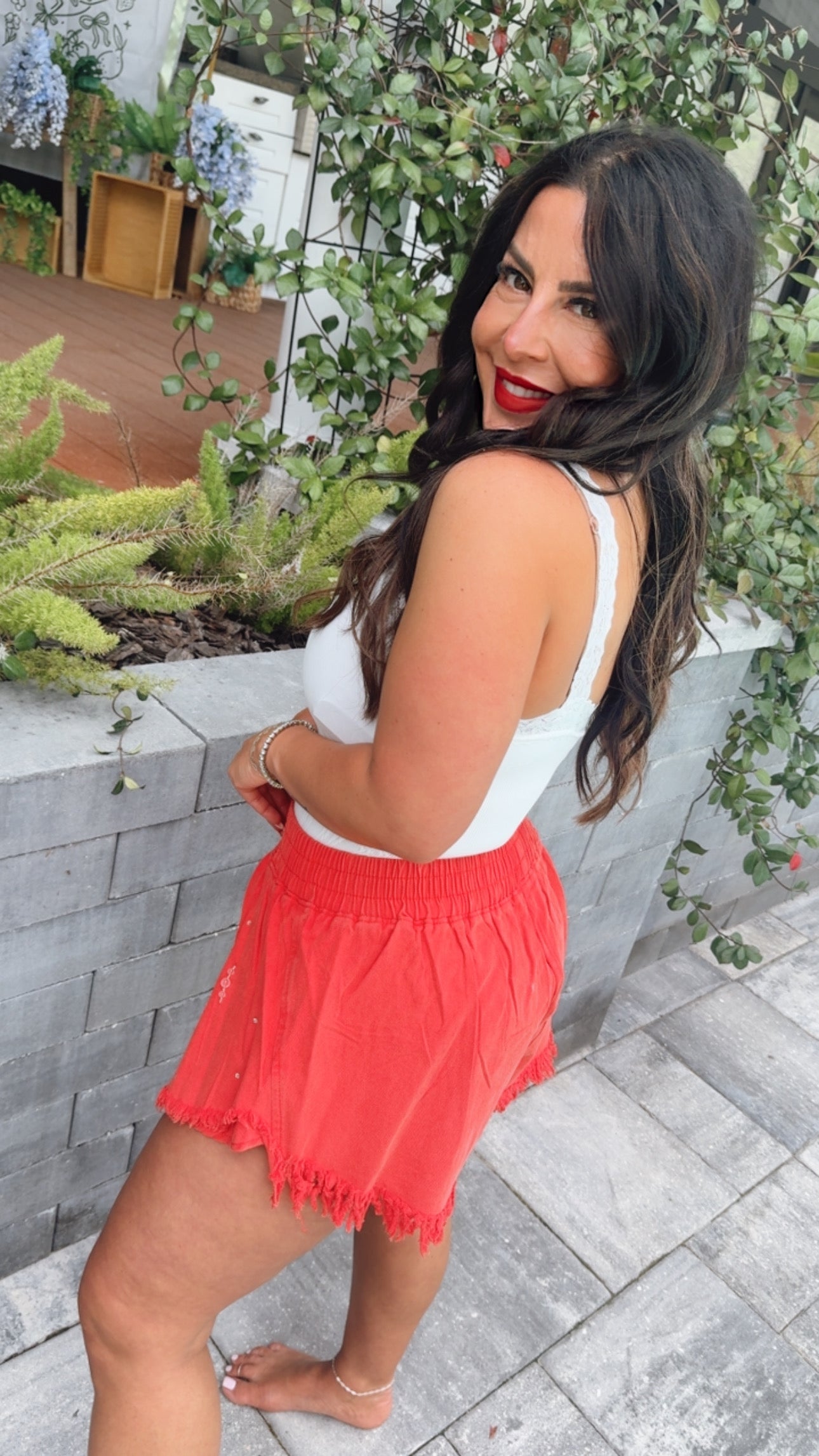 Red Denim and Crystal Embellished Skort