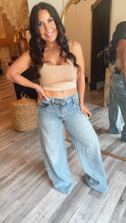 “DENIM & DIAMONDS” Medium Wash Wide Leg Bouje Diamond Lined Jeans