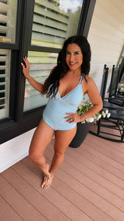 Baby Blue One Piece with White Stitch Chic Bathing Suit