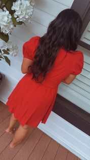 Red Puff Sleeve Smocked Waist Dress