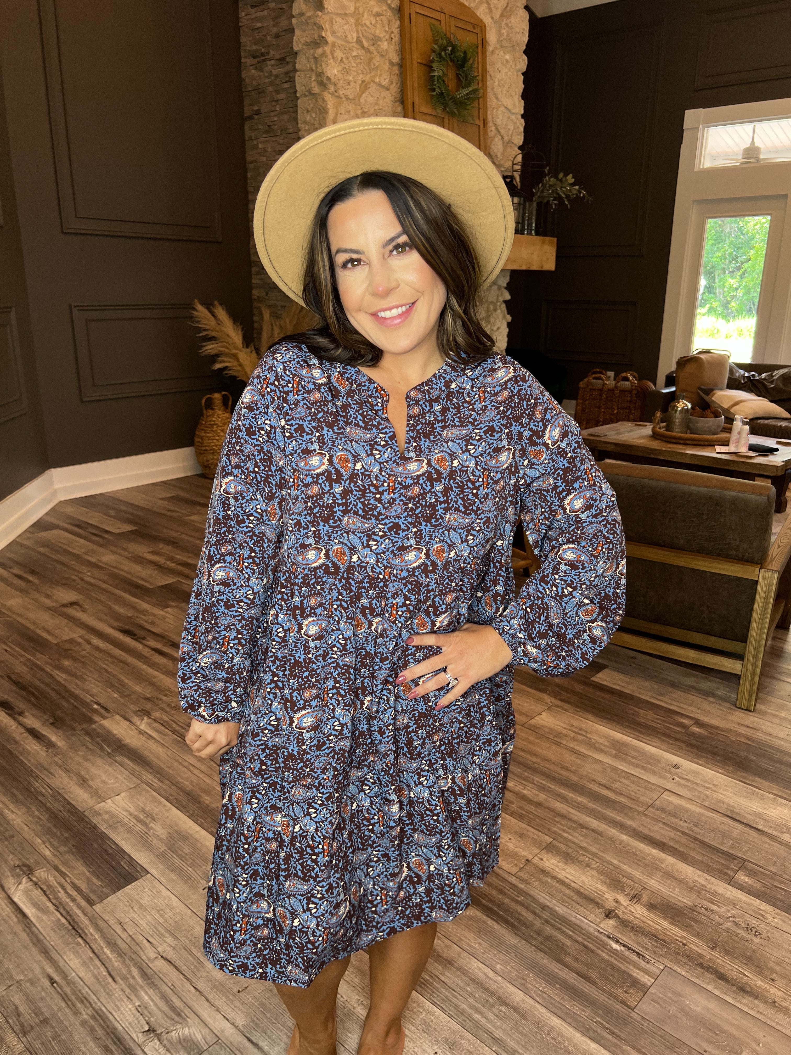 Ultra Soft Brown Purple and Light Blue Paisley Long Sleeve Dress