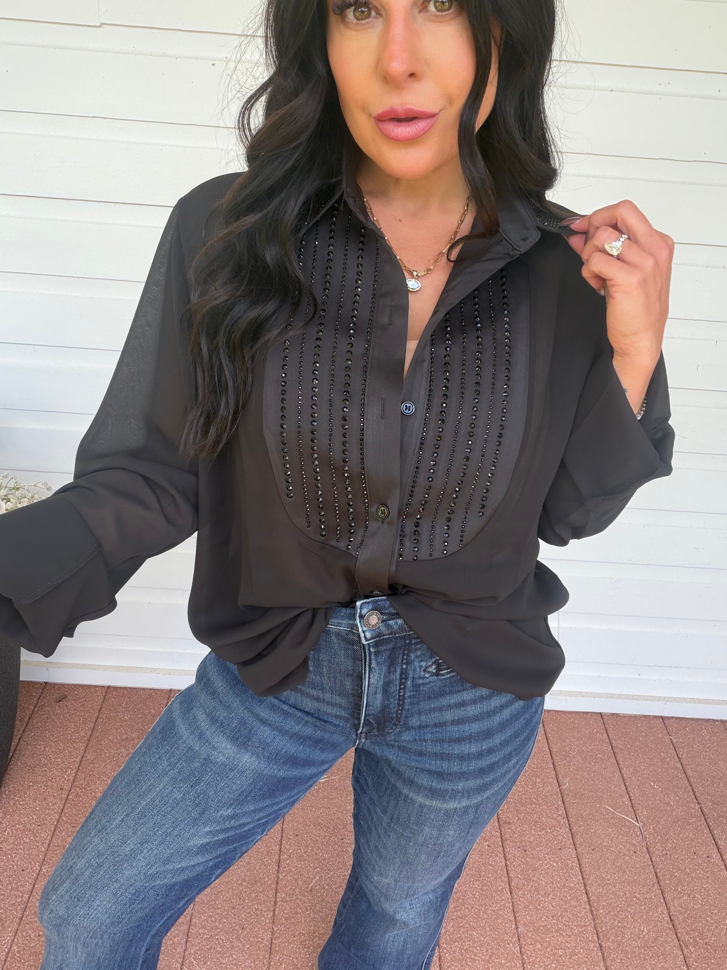 Diva Black Sparkle Long Sleeve Blouse