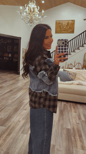 Denim and Flannel Distressed Hem Jacket
