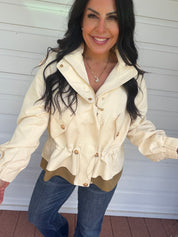Cream And Olive Gold Button Zip Up Jacket