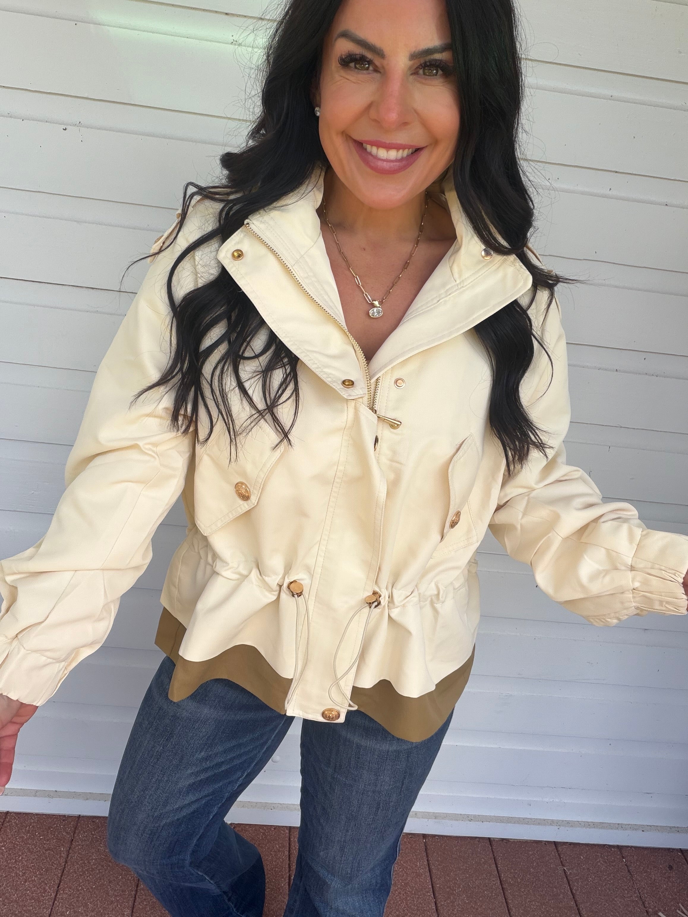 Cream And Olive Gold Button Zip Up Jacket