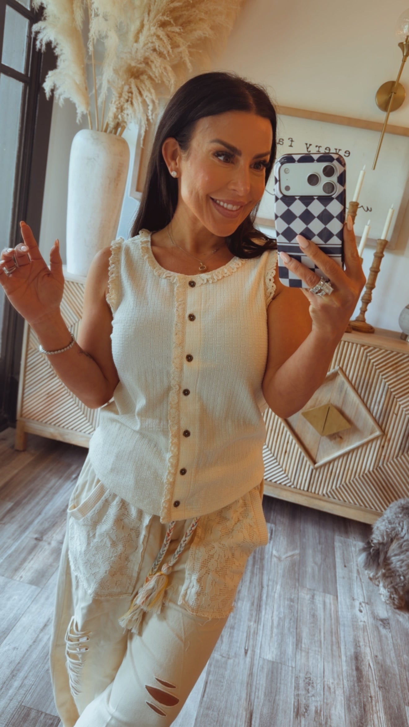 POL Cream Round Neck Button Up Sleeveless Top