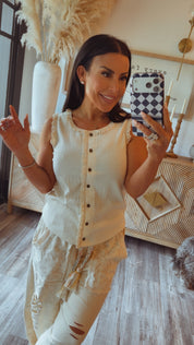 POL Cream Round Neck Button Up Sleeveless Top