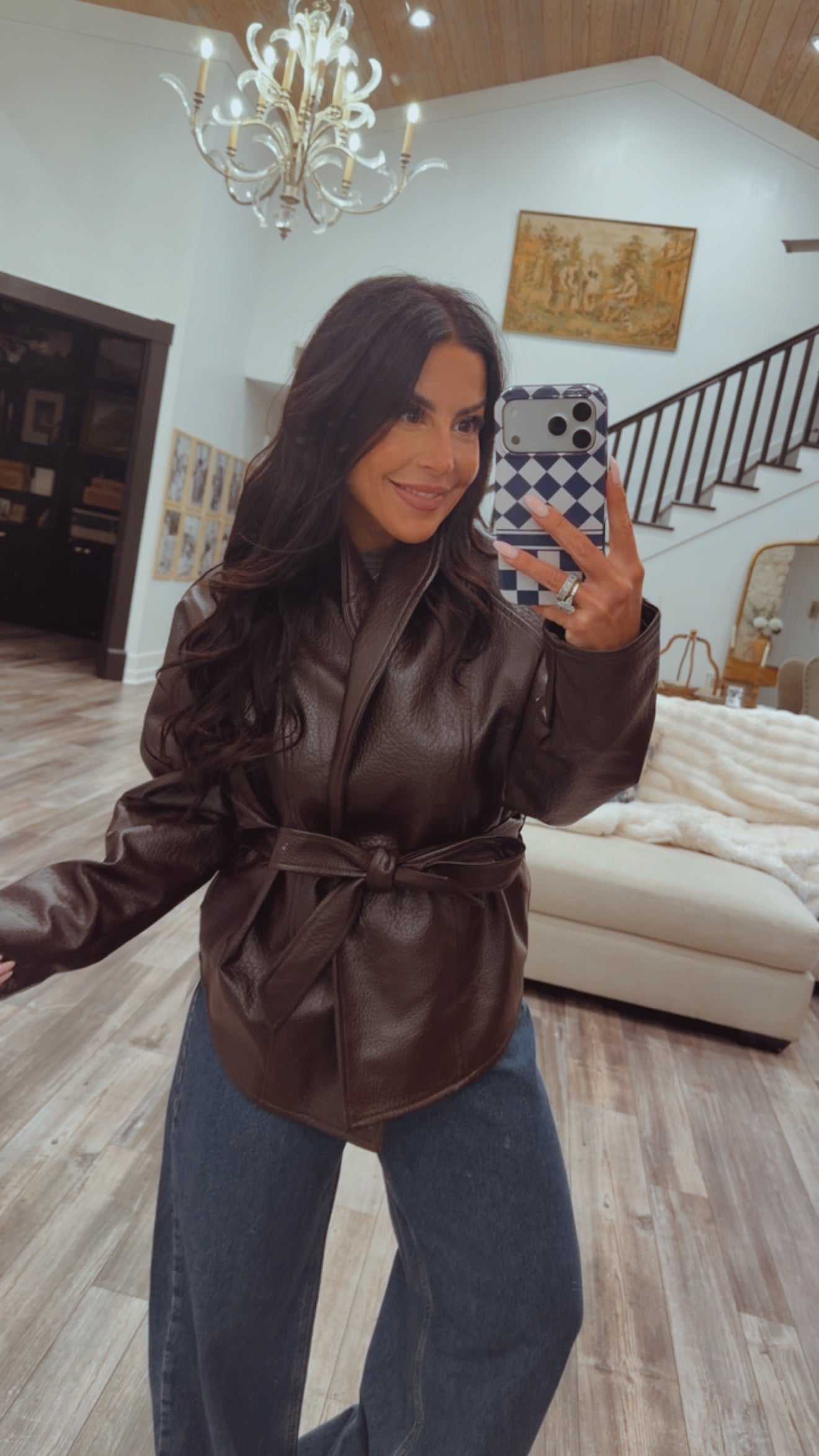 Luxe Chocolate Brown Leather Wrap Jacket