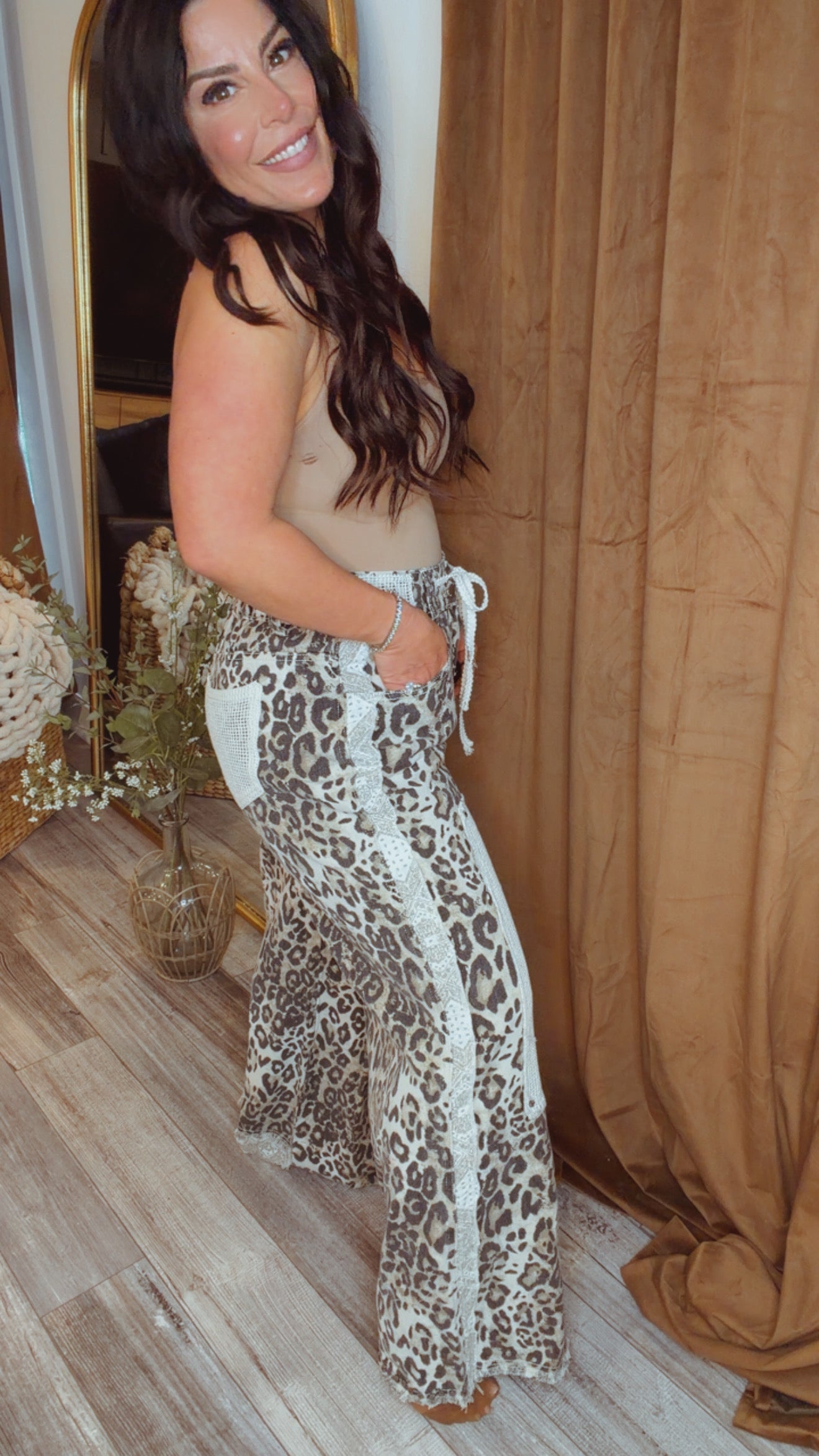 POL Sand Leopard Denim Stud Bottoms