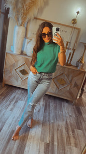 Cap Sleeve High Neck Chic Top Emerald