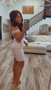 Pink Off Shoulder Dress With Borwn Polka Dots